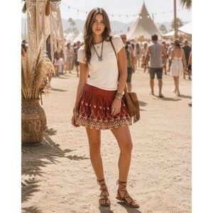 Cottage Core Festival Boho Blue Asphalt Sz L Floral Embroidered Mini Skirt Brown